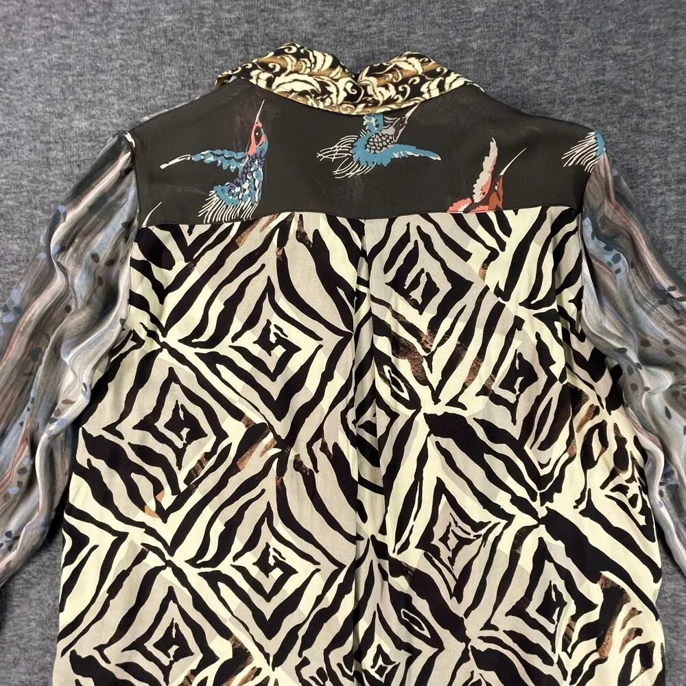 John Mark PM Mixed Print Patchwork Tunic Roll Tab Button Down Blouse Bird Artsy - Picture 12 of 14
